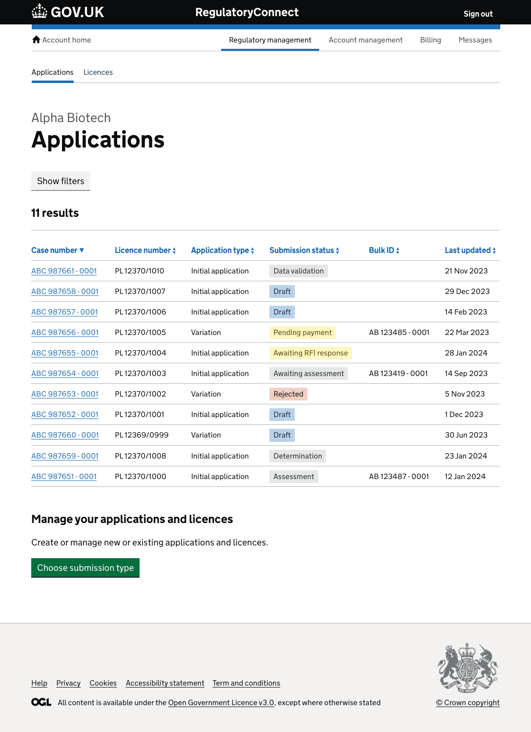 RegulatoryConnect applications interface