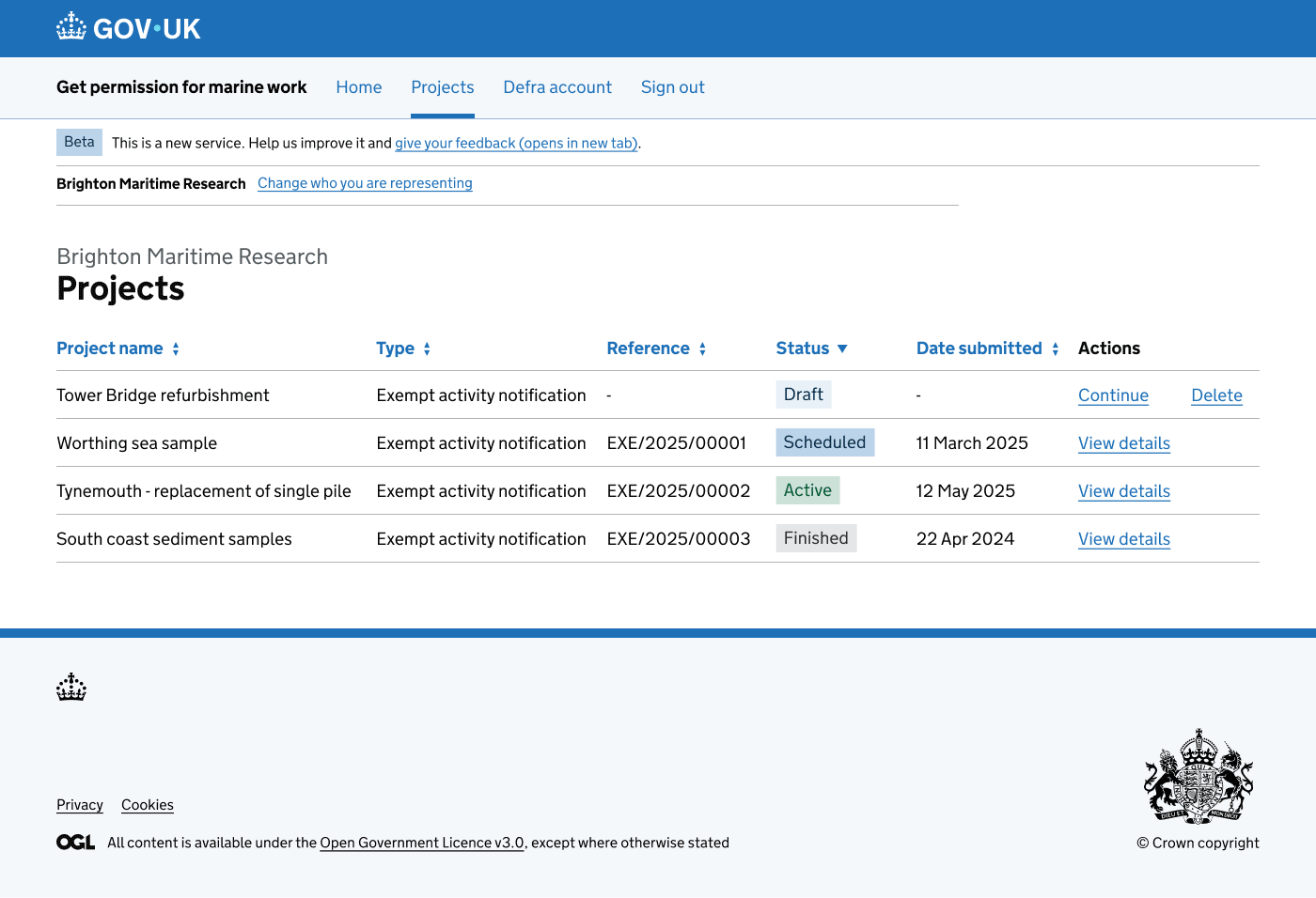Projects list interface
